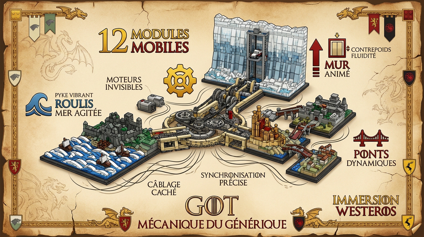 Infographie détaillant les mécanismes LEGO Mindstorms de la carte de Westeros