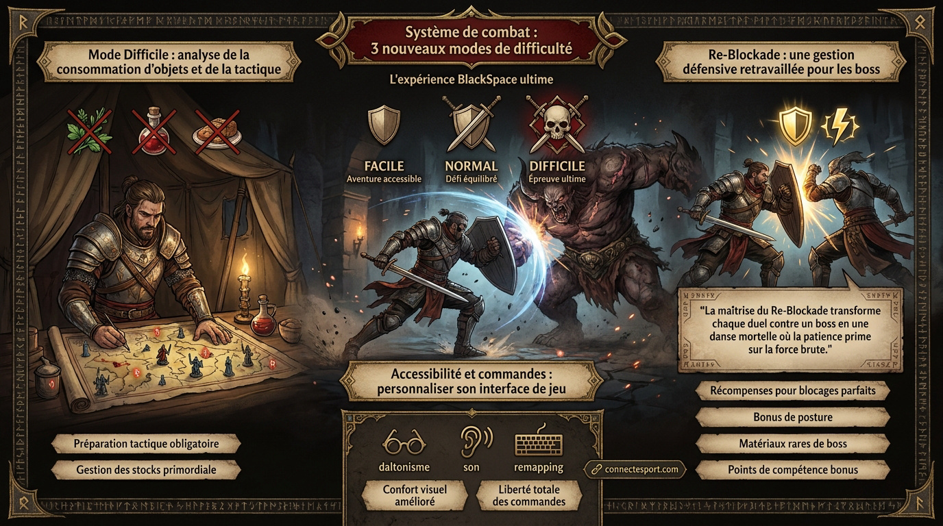 Infographie détaillant les mécaniques de combat médiéval fantastique et le système de parade dans Crimson Desert