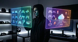 Un jeune homme en sweat à capuche interagit avec des écrans holographiques de jeux vidéo dans une pièce sombre.