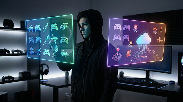 Un jeune homme en sweat à capuche interagit avec des écrans holographiques de jeux vidéo dans une pièce sombre.