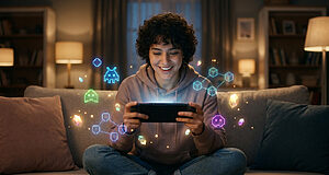 Jeune femme souriante jouant sur une console portable entourée d'effets visuels de pixels et de cristaux flottants.