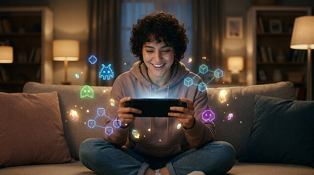 Jeune femme souriante jouant sur une console portable entourée d'effets visuels de pixels et de cristaux flottants.