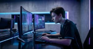 Un jeune joueur concentré devant son écran incurvé dans une salle d'e-sport moderne avec des néons bleus et violets.