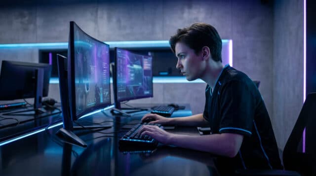 Un jeune joueur concentré devant son écran incurvé dans une salle d'e-sport moderne avec des néons bleus et violets.