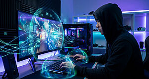 Un joueur en sweat à capuche utilise un VPN, représenté par une interface numérique holographique autour de son clavier.