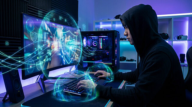 Un joueur en sweat à capuche utilise un VPN, représenté par une interface numérique holographique autour de son clavier.