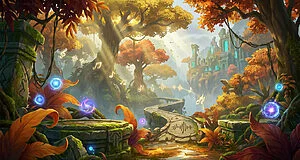 Paysage forestier automnal magique style Rayman avec des notes de musique flottantes et des ruines antiques en arrière-plan.
