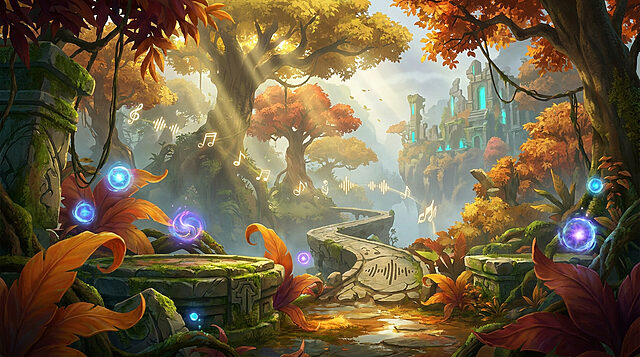 Paysage forestier automnal magique style Rayman avec des notes de musique flottantes et des ruines antiques en arrière-plan.