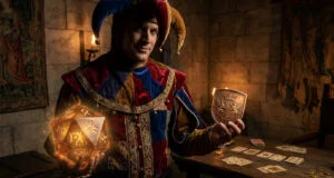 Un bouffon médiéval tient un dé mystique et un blason dans une pièce sombre avec des cartes à jouer sur une table.