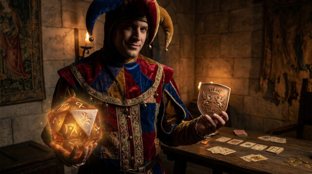 Un bouffon médiéval tient un dé mystique et un blason dans une pièce sombre avec des cartes à jouer sur une table.