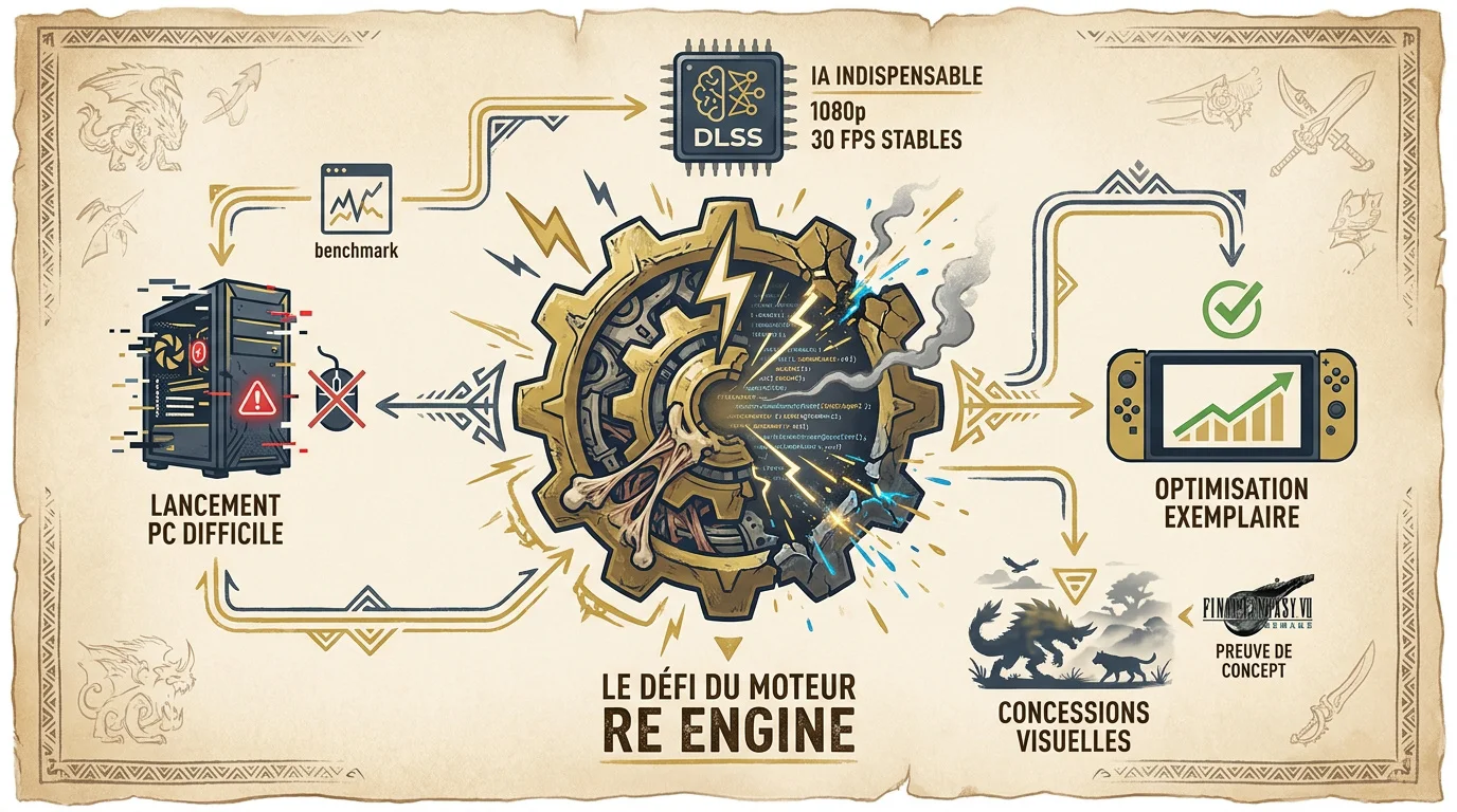 Illustration des défis techniques du moteur RE Engine pour Monster Hunter Wilds sur console portable