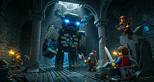 Des figurines Lego Minecraft affrontant un grand monstre Warden bleu dans un donjon sombre en briques.
