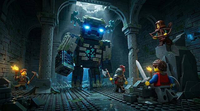 Des figurines Lego Minecraft affrontant un grand monstre Warden bleu dans un donjon sombre en briques.