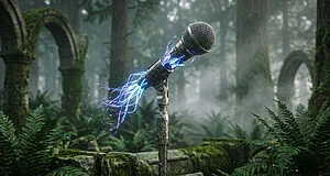 Un micro sur pied électrique au milieu d'une forêt mystique avec des ruines en arrière-plan.