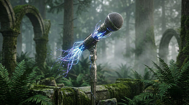 Fable : l'absence du doublage français Un micro sur pied électrique au milieu d'une forêt mystique avec des ruines en arrière-plan.