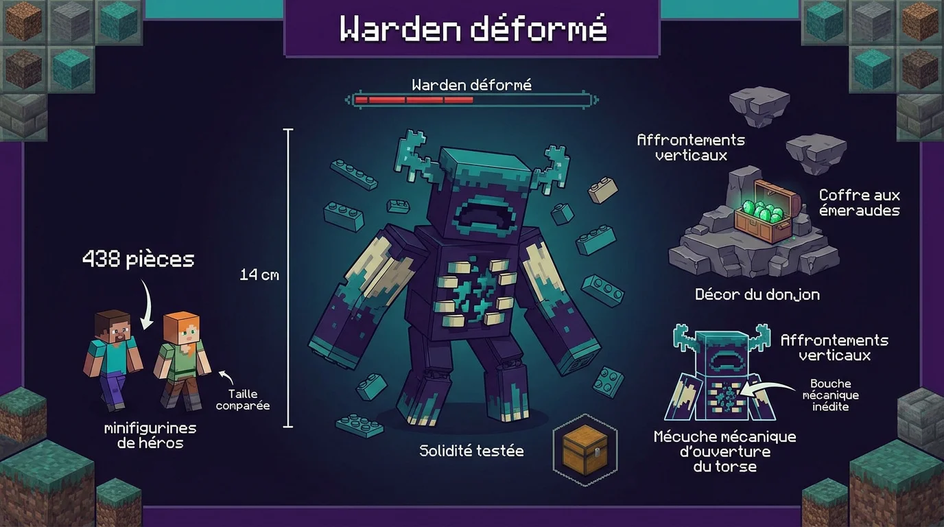 Construction du Warden déformé LEGO Minecraft avec ses figurines de héros