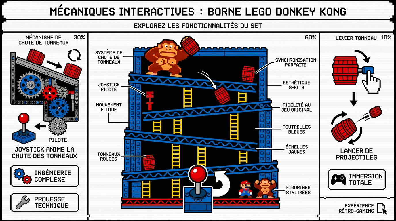 Mécanismes interactifs de la borne d'arcade LEGO Donkey Kong avec joystick et tonneaux