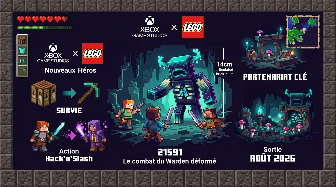 Le set LEGO 21591 montrant le combat contre le Warden déformé et les quatre héros