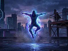 Patch 16.12 de League of Legends : la fin des assassins ? Assassin mystérieux flottant au-dessus d'un toit dans une cité futuriste avec des néons bleus.