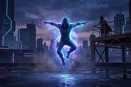 Assassin mystérieux flottant au-dessus d'un toit dans une cité futuriste avec des néons bleus.