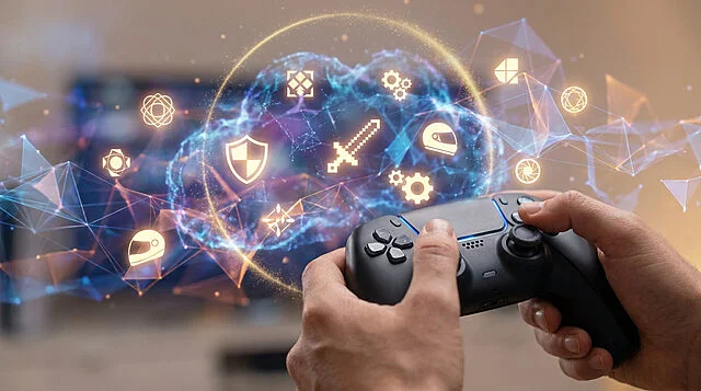 Mains tenant une manette de jeu face à une interface numérique en 3D représentant des genres de jeux vidéo en nuage.