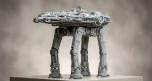 Une création LEGO hybride combinant le Faucon Millenium et quatre jambes mécaniques de type marcheur impérial AT-AT.