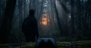 Homme avec un sac à dos regardant une forêt sombre et brumeuse avec une manette PS5 posée sur un tronc d'arbre au premier plan.