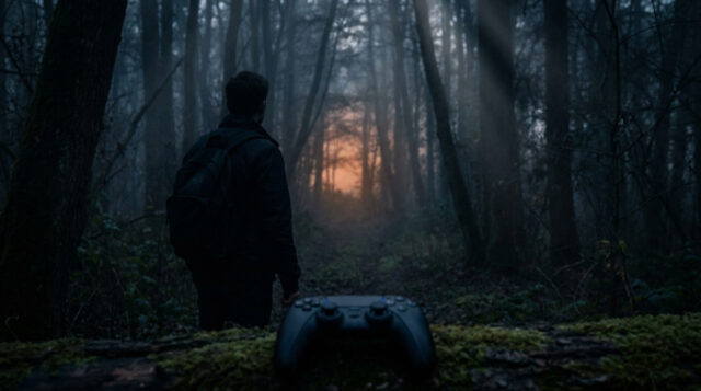 Promo Casting Frank Stone : l'offre PS5 à prix réduit Homme avec un sac à dos regardant une forêt sombre et brumeuse avec une manette PS5 posée sur un tronc d'arbre au premier plan.