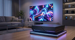Une console de jeu futuriste posée sur une table en bois, devant un écran TV affichant des graphismes néon colorés.