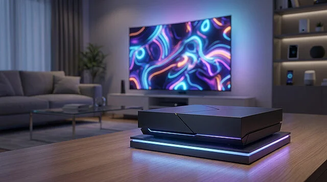 Sortie Steam Machine : cap sur juin 2026 Une console de jeu futuriste posée sur une table en bois, devant un écran TV affichant des graphismes néon colorés.