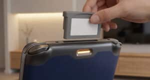 Une main insère une cartouche de jeu générique dans le port supérieur d'une console de jeu portable moderne.