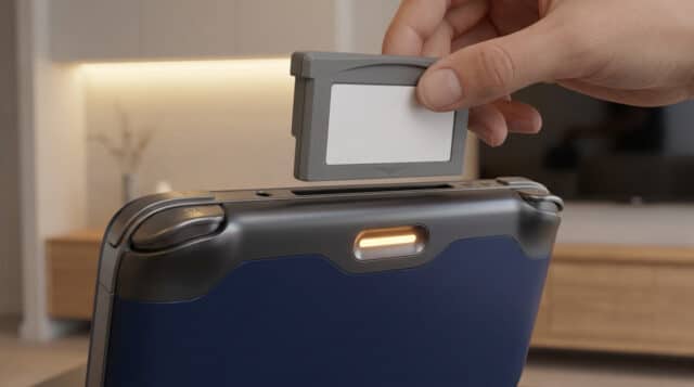 Rétrocompatibilité Switch 2 : quels jeux physiques ? Une main insère une cartouche de jeu générique dans le port supérieur d'une console de jeu portable moderne.