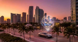 Une voiture de sport sur une avenue bordée de palmiers avec un hologramme brillant sous un ciel de coucher de soleil.