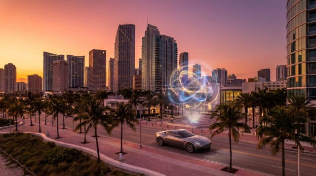 Une voiture de sport sur une avenue bordée de palmiers avec un hologramme brillant sous un ciel de coucher de soleil.
