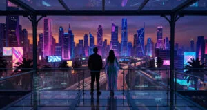 Un couple contemple une ville futuriste éclairée au néon depuis une terrasse vitrée au coucher du soleil.