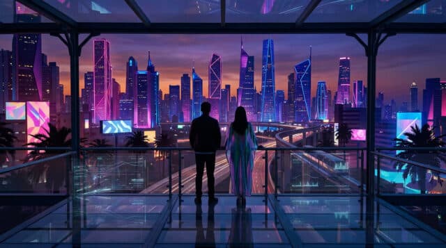 GTA 6 : La nouvelle progression en ligne Un couple contemple une ville futuriste éclairée au néon depuis une terrasse vitrée au coucher du soleil.