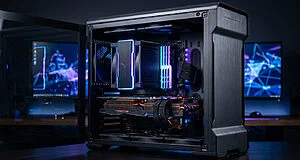 Un PC gamer puissant avec éclairage RGB dans un boîtier noir, prêt pour les jeux haute performance.