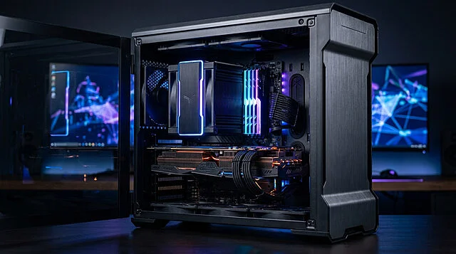 Un PC gamer puissant avec éclairage RGB dans un boîtier noir, prêt pour les jeux haute performance.