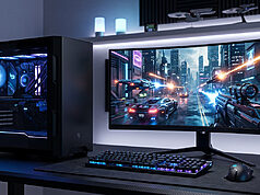 Test du Ryzen 9 9950X3D : le nouveau roi du gaming PC PC gamer haute performance avec Ryzen 9 9950X3D et écran ultra-large affichant un jeu futuriste sur un bureau moderne.