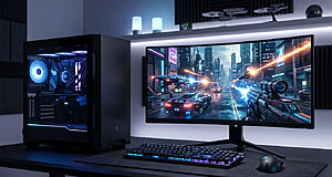 PC gamer haute performance avec Ryzen 9 9950X3D et écran ultra-large affichant un jeu futuriste sur un bureau moderne.