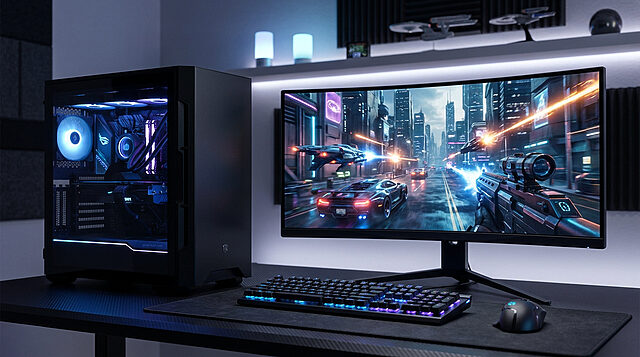PC gamer haute performance avec Ryzen 9 9950X3D et écran ultra-large affichant un jeu futuriste sur un bureau moderne.