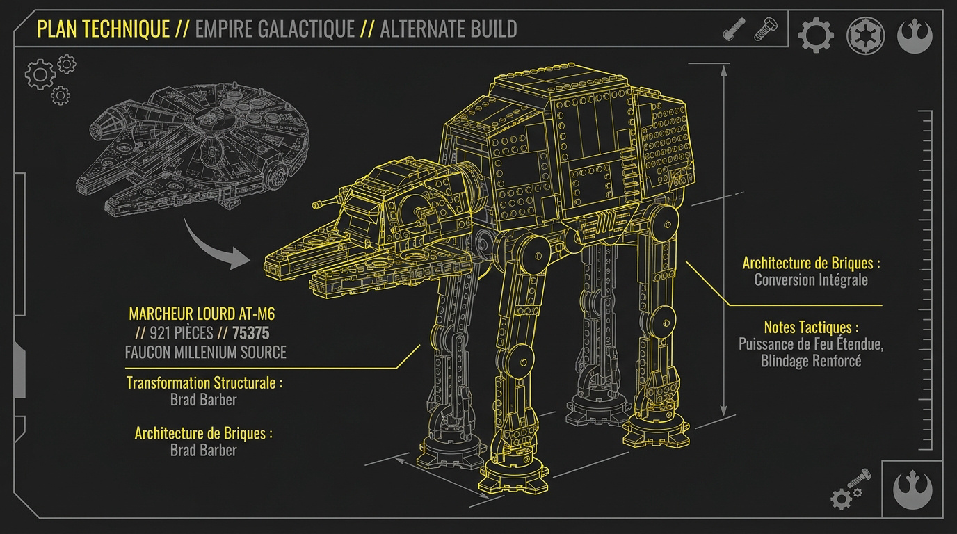 Plan technique de la transformation du LEGO 75375 en marcheur AT-M6