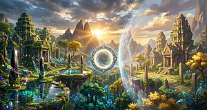 Paysage fantastique rappelant Zelda avec ruines antiques, portail magique et végétation luxuriante au coucher du soleil.