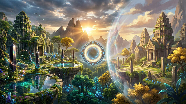 Zelda Ocarina : Un remake fantastique sur Switch 2 Paysage fantastique rappelant Zelda avec ruines antiques, portail magique et végétation luxuriante au coucher du soleil.