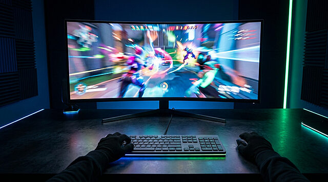 Écran gaming incurvé pour une immersion totale Vue subjective d'un joueur utilisant un écran gaming incurvé affichant un jeu rapide avec un éclairage néon.