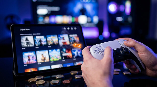 Mains tenant une manette PS5 devant une tablette affichant des jeux avec une étiquette de prix à 0,99 €.