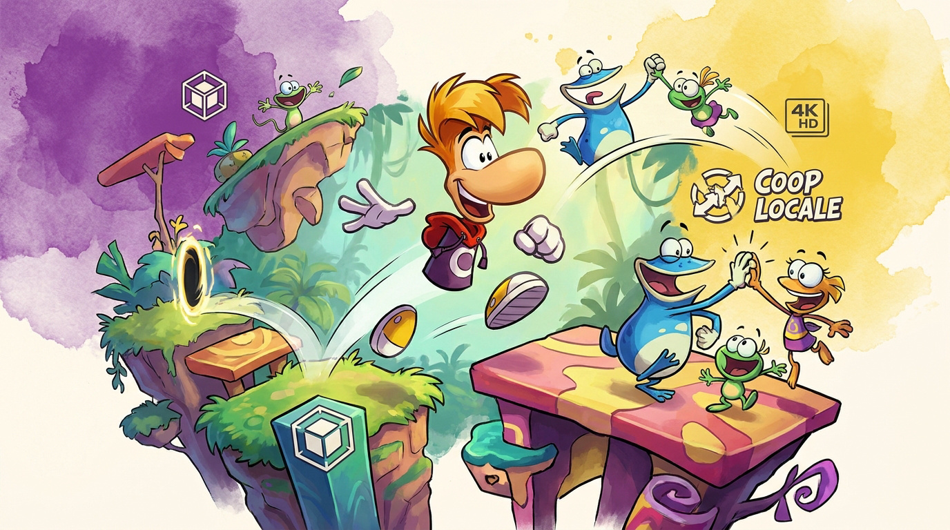 Rayman et ses amis en pleine action dans un niveau coloré en 2,5D