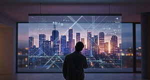 Un homme observe une skyline urbaine futuriste affichée sur un écran transparent suspendu dans une pièce sombre.