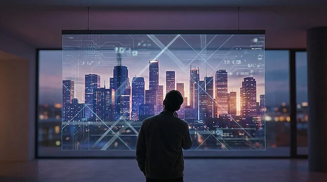 GTA 6 : La satire face aux normes de 2026 Un homme observe une skyline urbaine futuriste affichée sur un écran transparent suspendu dans une pièce sombre.