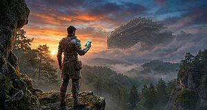 Un guerrier en armure regarde un dragon gigantesque émergeant des nuages au coucher du soleil dans un paysage montagneux.